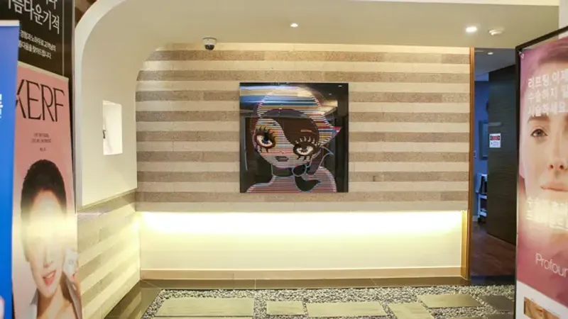 TAE Plastic Surgery Clinic-ийн урлагийн бүтээлийн үзүүлэн бүхий хүлээн авах хэсэг.