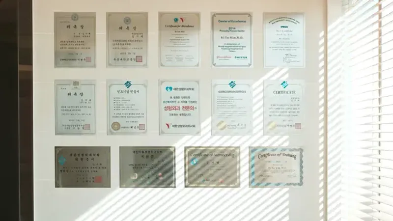 TAE Plastic Surgery Clinic-д дэлгэн байрлуулсан гэрчилгээ болон мэргэжлийн үнэмлэхүүд.